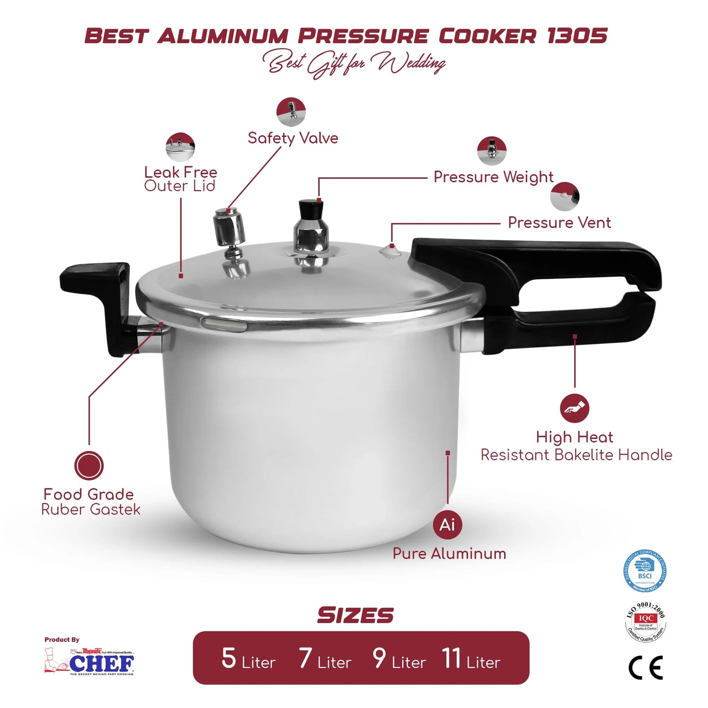 CHEF Best Aluminum Pressure Cooker - 1305 - 9 Liter Long Handle