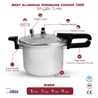 CHEF Best Aluminum Pressure Cooker - 1305 - 9 Liter Long Handle