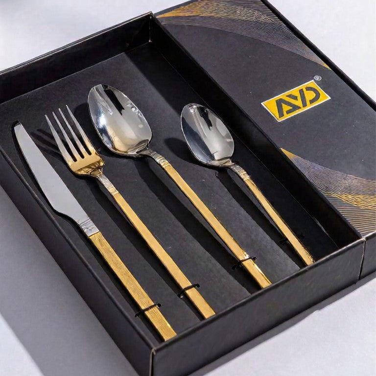 Silver & Golden Stainless Steel Cutlery Set – 24 Pieces for 6 Persons | Gold Embossed Design