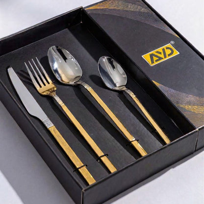 Silver & Golden Stainless Steel Cutlery Set – 24 Pieces for 6 Persons | Gold Embossed Design