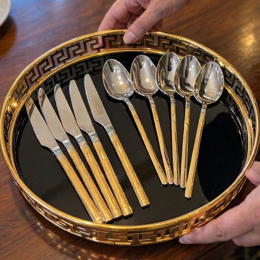 Silver & Golden Stainless Steel Cutlery Set – 24 Pieces for 6 Persons | Gold Embossed Design