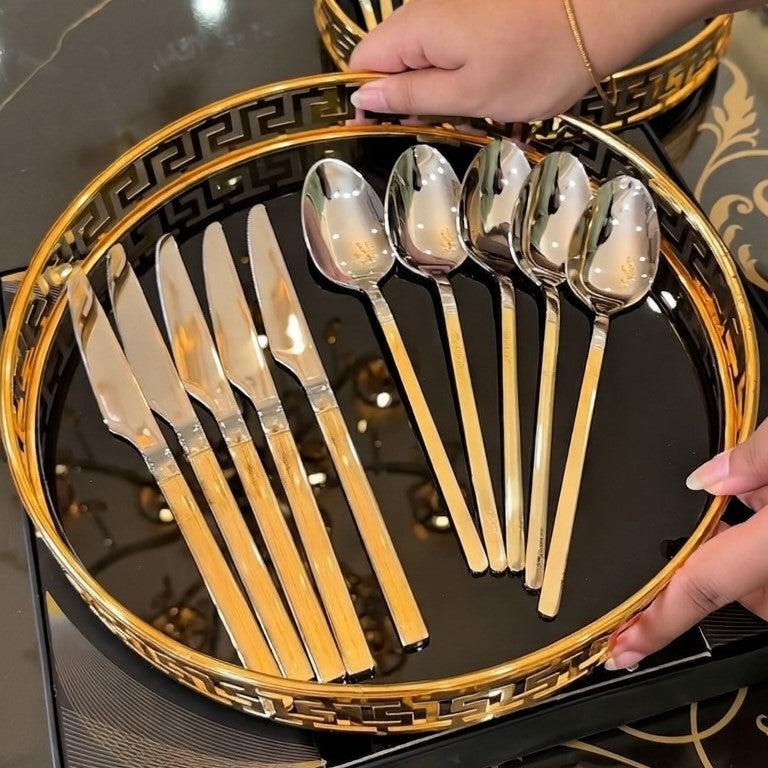 Silver & Golden Stainless Steel Cutlery Set – 24 Pieces for 6 Persons | Gold Embossed Design