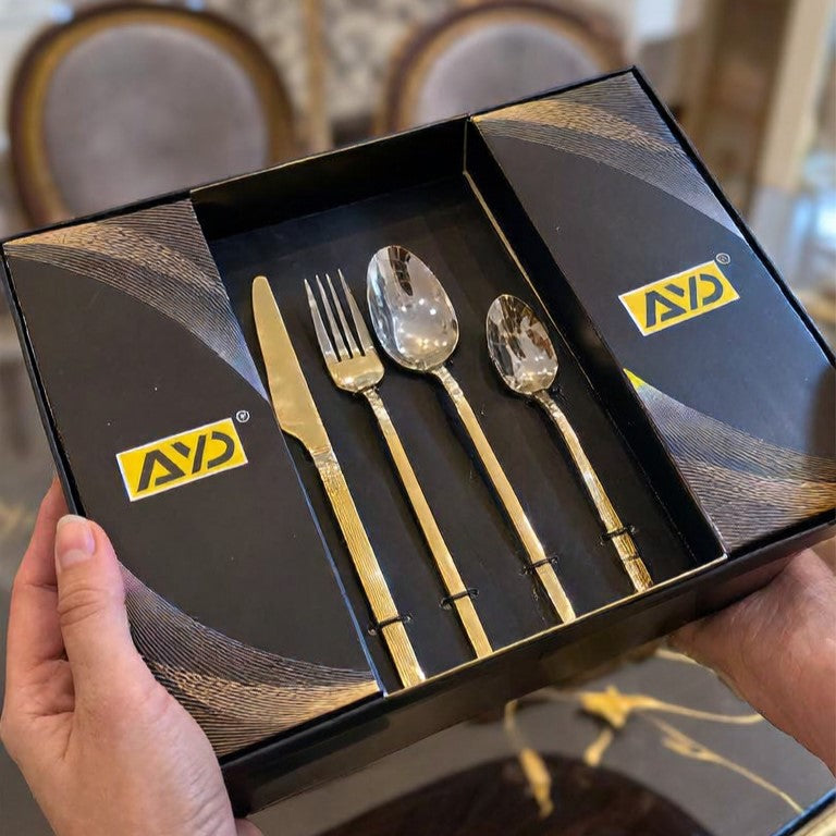 Silver & Golden Stainless Steel Cutlery Set – 24 Pieces for 6 Persons | Gold Embossed Design