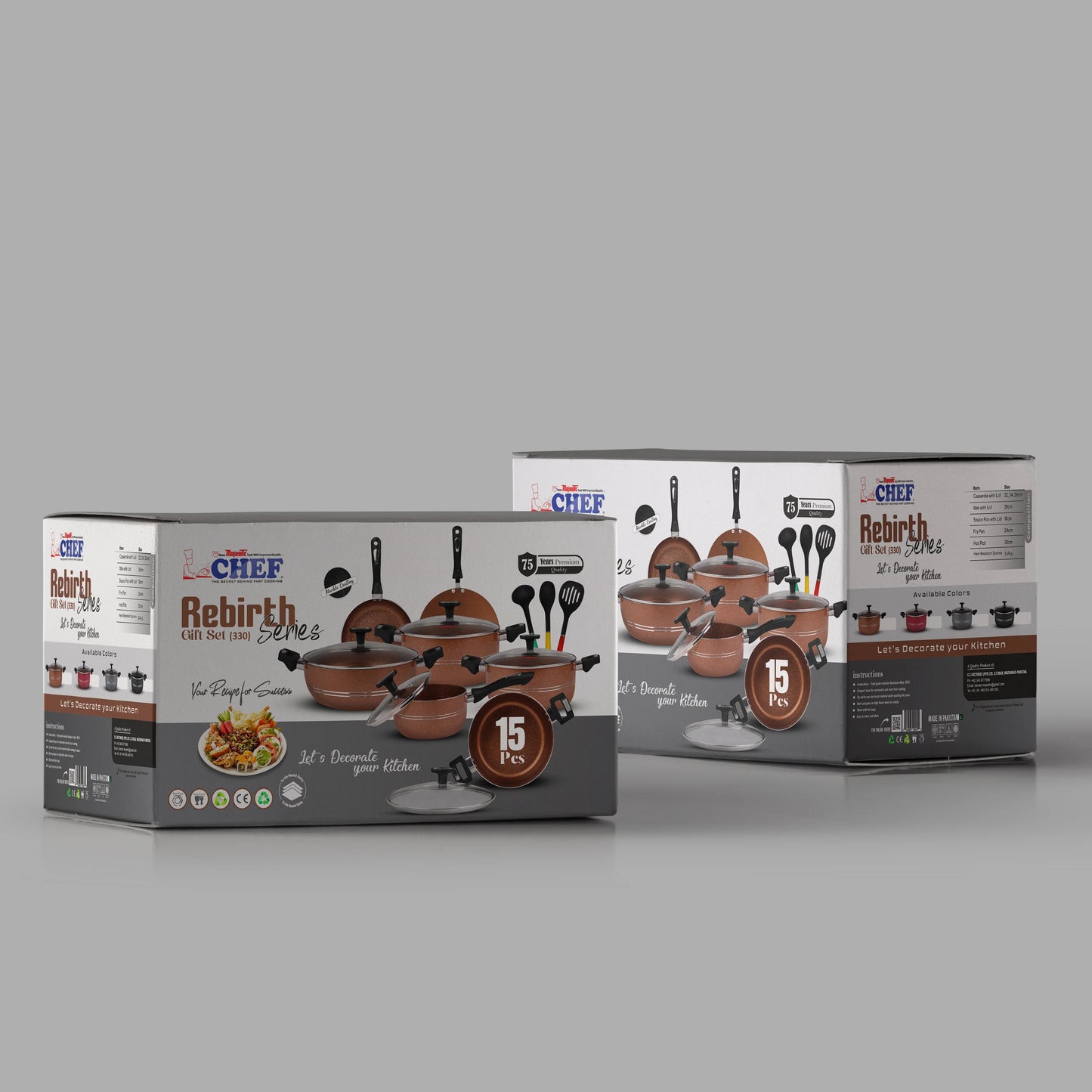 Chef Best Aluminum Non Stick Kitchen Set 15 Pcs New Arrival Cookware Set - Marble Coating Rebirth Grey